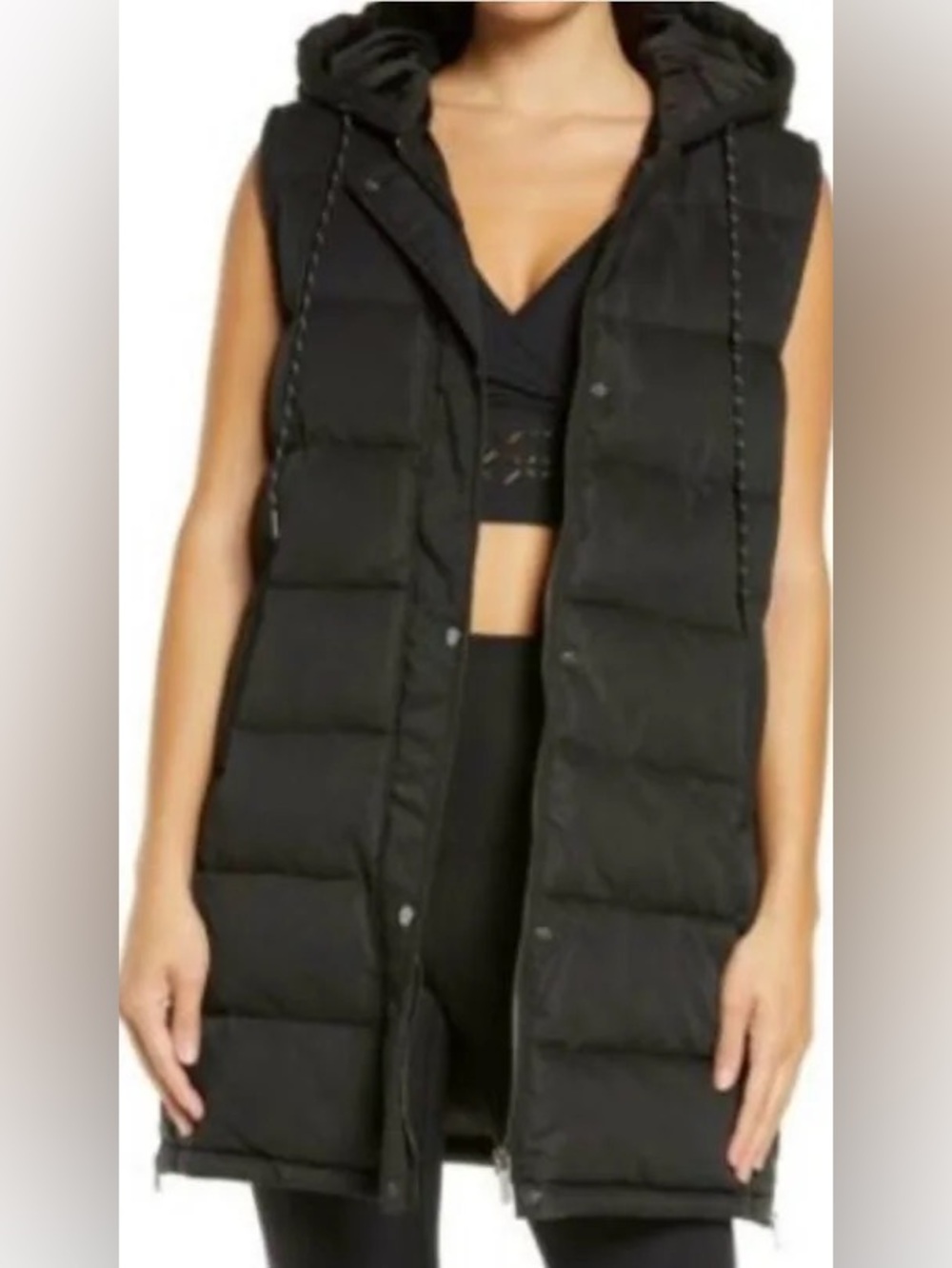 Zella women S long hooded puffer vest in black full zip quilted water resistant